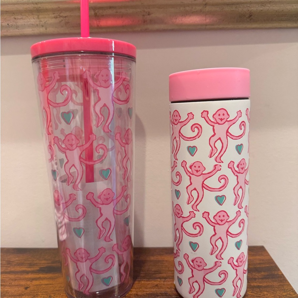 Pink Monkey Print Tumbler and Bottle Set